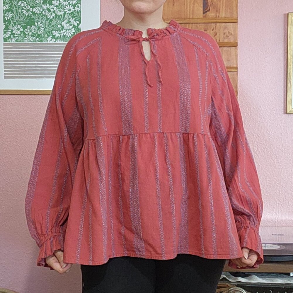 Wonderly Woven Cotton Boho Peasant Long Sleeve Stripe Top Size L EUC
